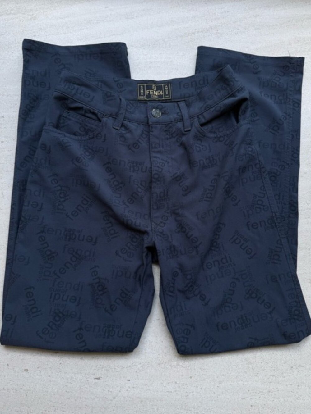 Fendi Vintage Navy Monogram Logo Stretchy Pants Trousers Cropped Ankle Straight